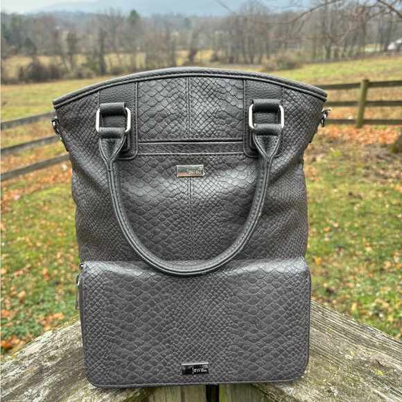 Jewell by Thirty One Handbags - Jewell By Thirty One Gray Faux Reptile Skin Short Handle Tote and Clutch/Wallet